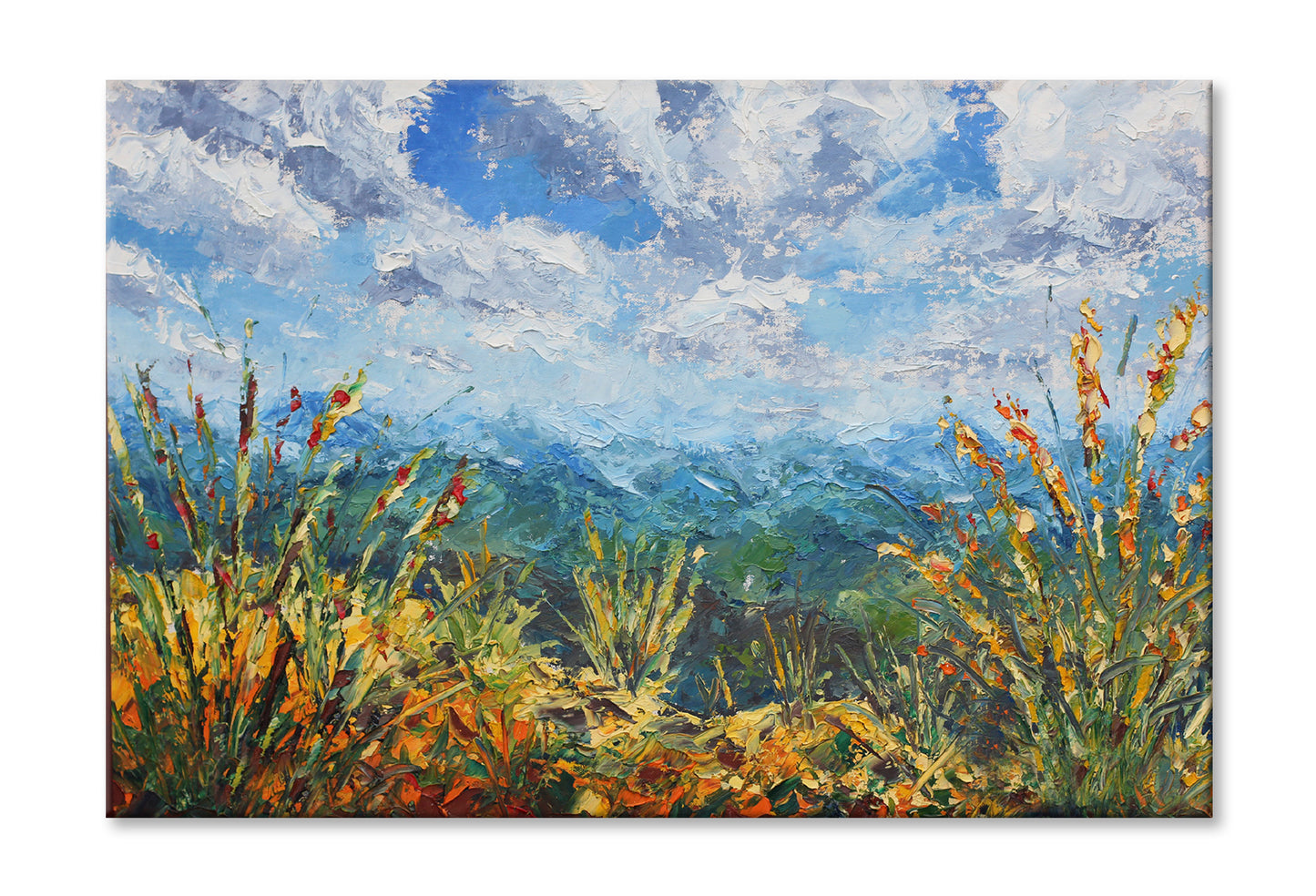 Plants on Mountain with Cloudy Sky Watercolor Painting Wall Art Limited Edition High Quality Print Stretched Canvas None