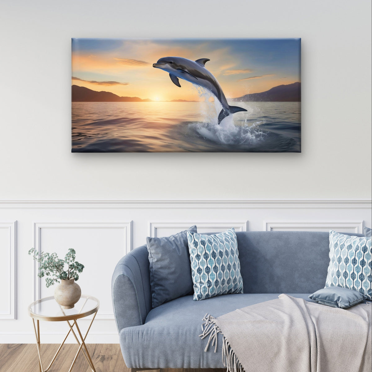 Jumping Dolphin Ocean Waves Sunset Horizon Wildlife Wall Art Canvas Office Home Framed 120x60cm