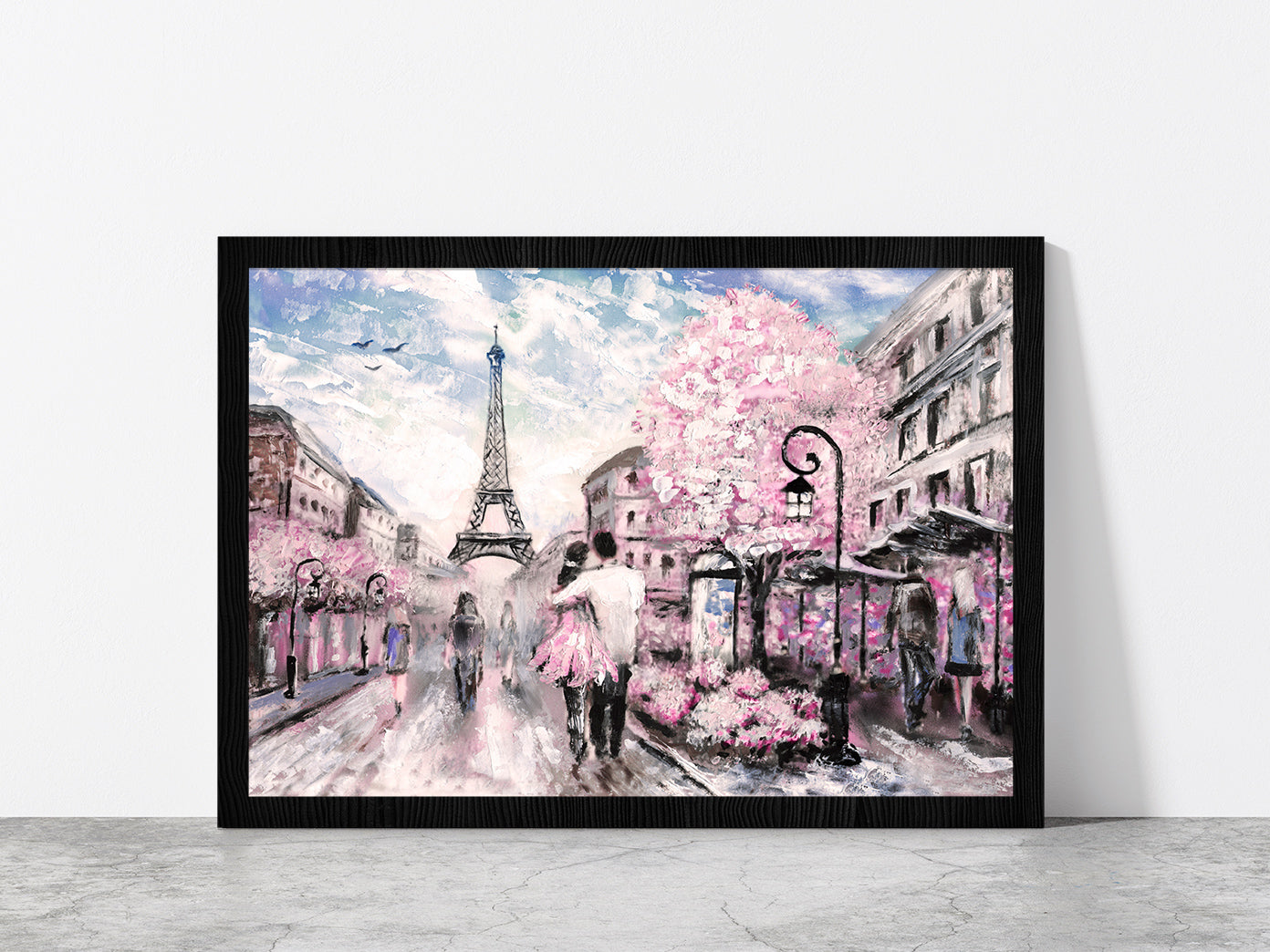 Street View Of Paris With Eiffel Tower Glass Framed Wall Art, Ready to Hang Quality Print Without White Border Black