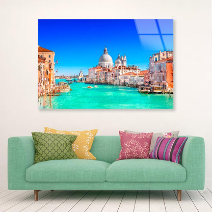 Canal With Boats and Buildings in The Background Acrylic Glass Print Tempered Glass Wall Art 100% Made in Australia Ready to Hang