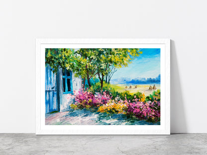 Garden Near The House & Colorful flowers Glass Framed Wall Art, Ready to Hang Quality Print With White Border White