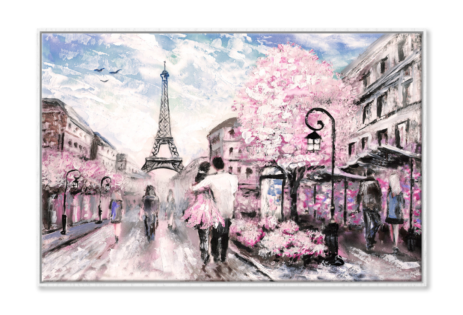 Street View Of Paris With Eiffel Tower Oil Painting Wall Art Limited Edition High Quality Print Canvas Box Framed White