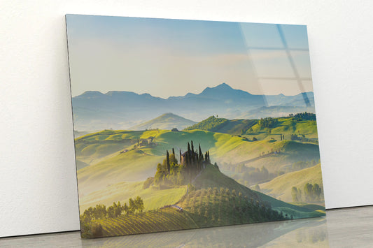 Hills, Trees, Mountains in Tuscany, Italy Acrylic Glass Print Tempered Glass Wall Art 100% Made in Australia Ready to Hang