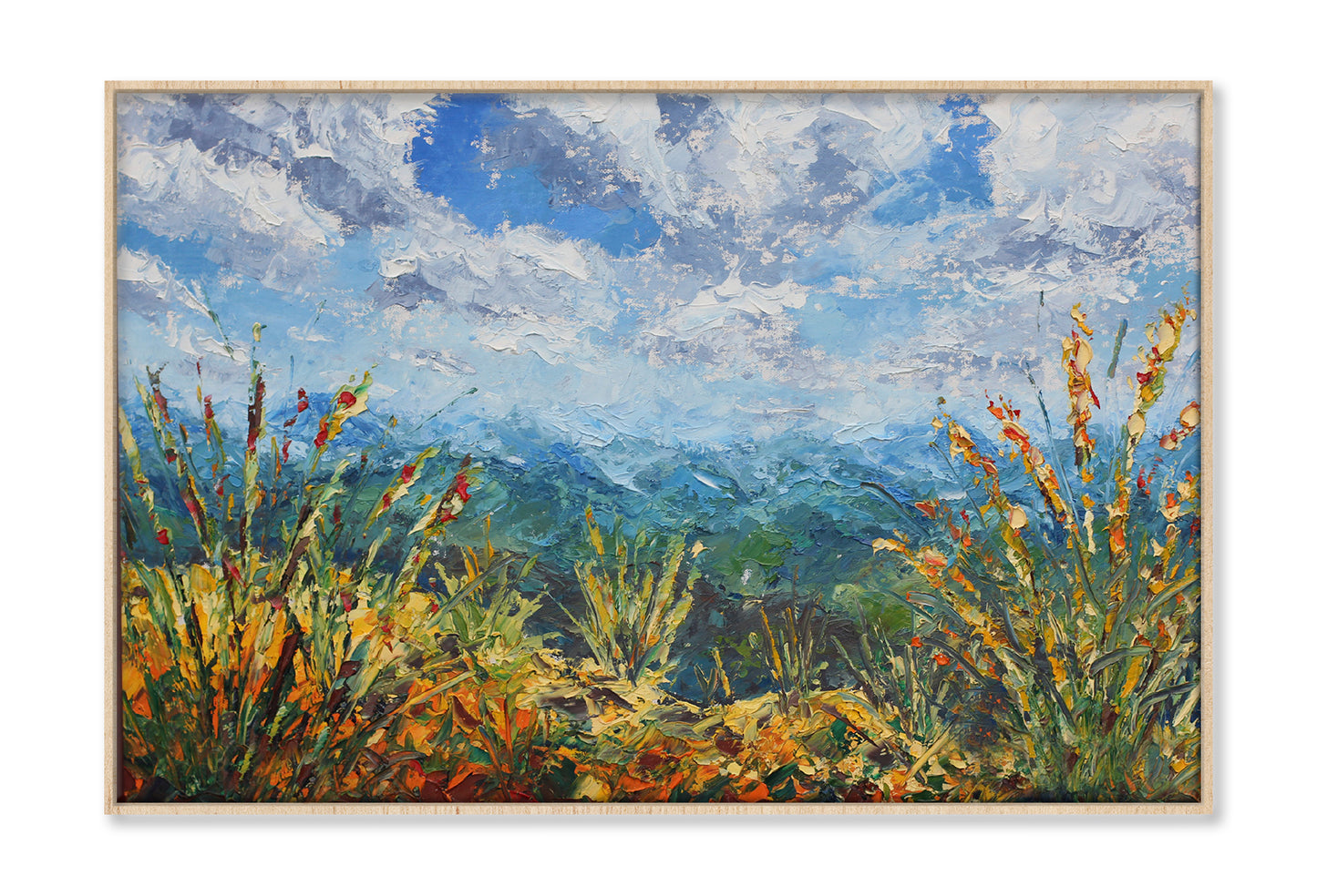 Plants on Mountain with Cloudy Sky Watercolor Painting Wall Art Limited Edition High Quality Print Canvas Box Framed Natural