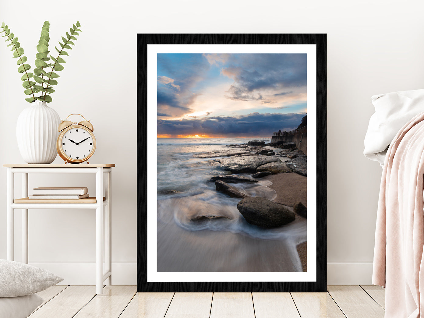 Sunrise View Of Rocky Coastline Glass Framed Wall Art, Ready to Hang Quality Print With White Border Black