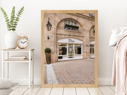 Fashion Store Building View Photograph Glass Framed Wall Art, Ready to Hang Quality Print Without White Border Oak