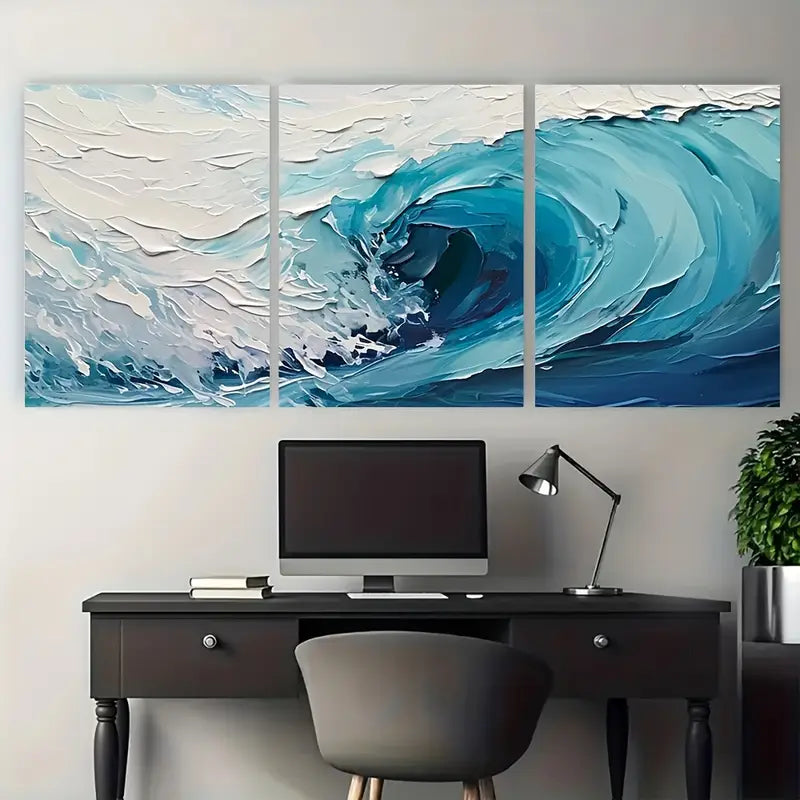 3pcs Blue Wave Ocean Teal and White Metal Print Ready to Hang Art