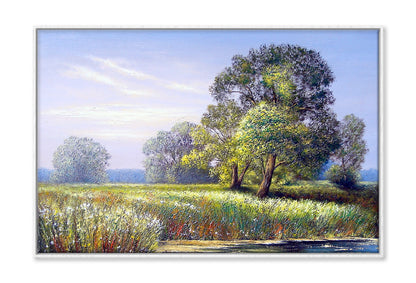 Green Grass Field & Trees Oil Painting Wall Art Limited Edition High Quality Print Canvas Box Framed White