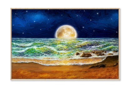 Sea Waves & Night Moon Sky Oil Painting Wall Art Limited Edition High Quality Print Canvas Box Framed Natural