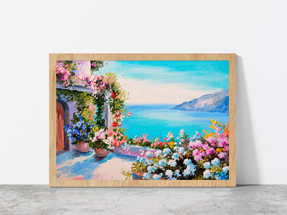 House Near The Sea Oil Painting Glass Framed Wall Art, Ready to Hang Quality Print Without White Border Oak