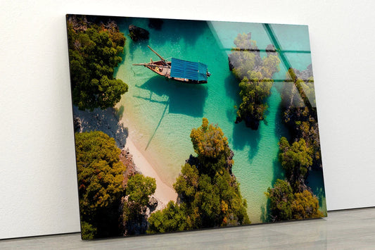 Boat on Sea with Forest UV Direct Aluminum Print Australian Made Quality