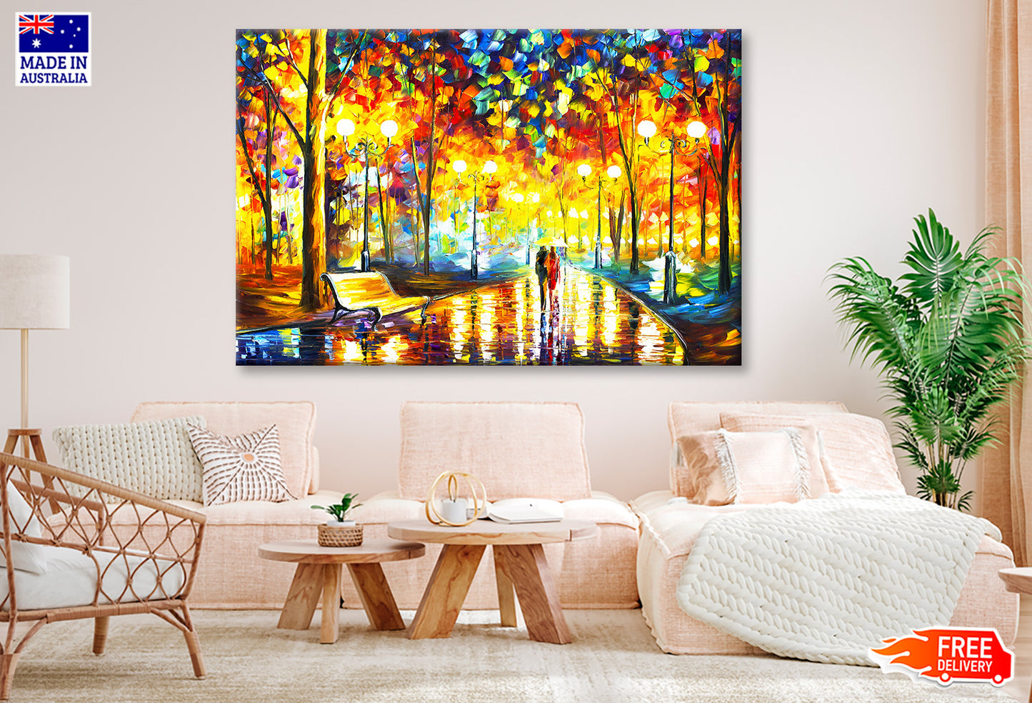 Couple Walking on Road with Autumn Trees Oil Painting Wall Art Limited Edition High Quality Print