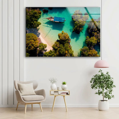 Boat on Sea with Forest UV Direct Aluminum Print Australian Made Quality