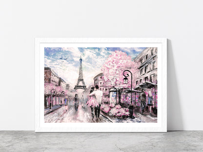 Street View Of Paris With Eiffel Tower Glass Framed Wall Art, Ready to Hang Quality Print With White Border White