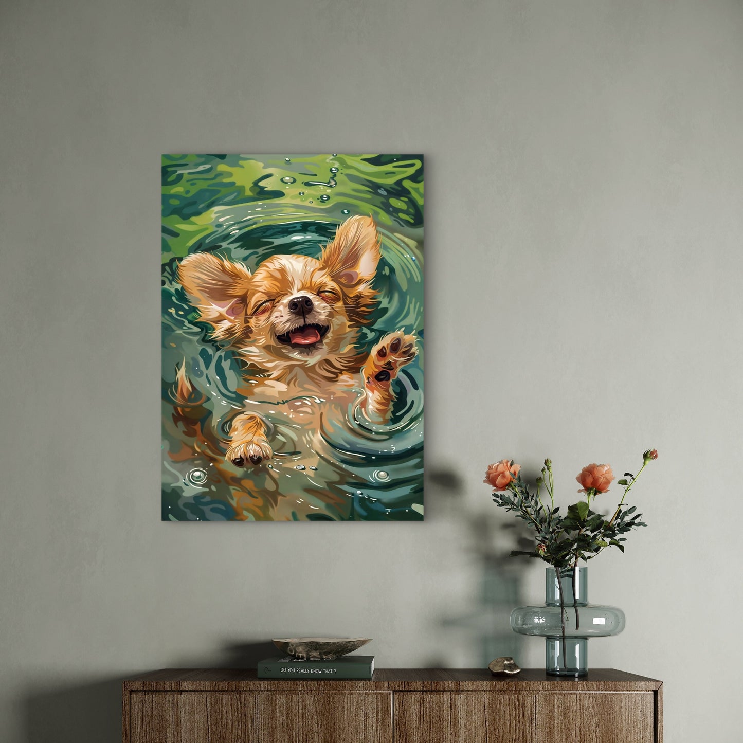 Happy Chihuahua Puppy Swimming 60x90cm Metal Print Ready to Hang