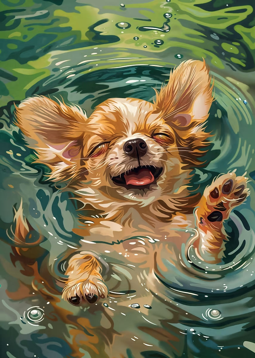 Happy Chihuahua Puppy Swimming 60x90cm Metal Print Ready to Hang