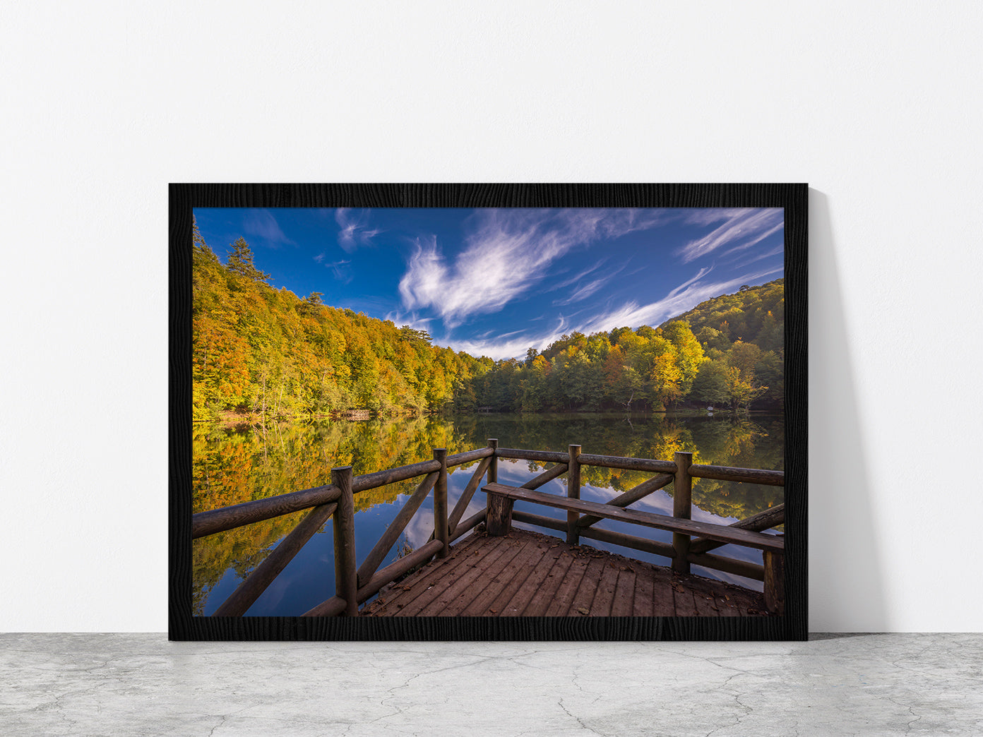 Reflection Of Clouds On The Lake Glass Framed Wall Art, Ready to Hang Quality Print Without White Border Black