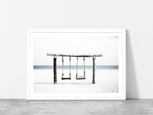 Swing near Sand Beach B&W View Photograph Glass Framed Wall Art, Ready to Hang Quality Print With White Border White