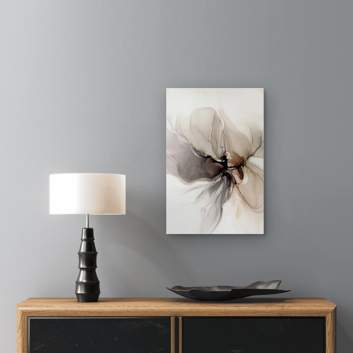 Neutral Brown Beige Fluid Ink Flower Swirl 60x90cm Metal Print Ready to Hang