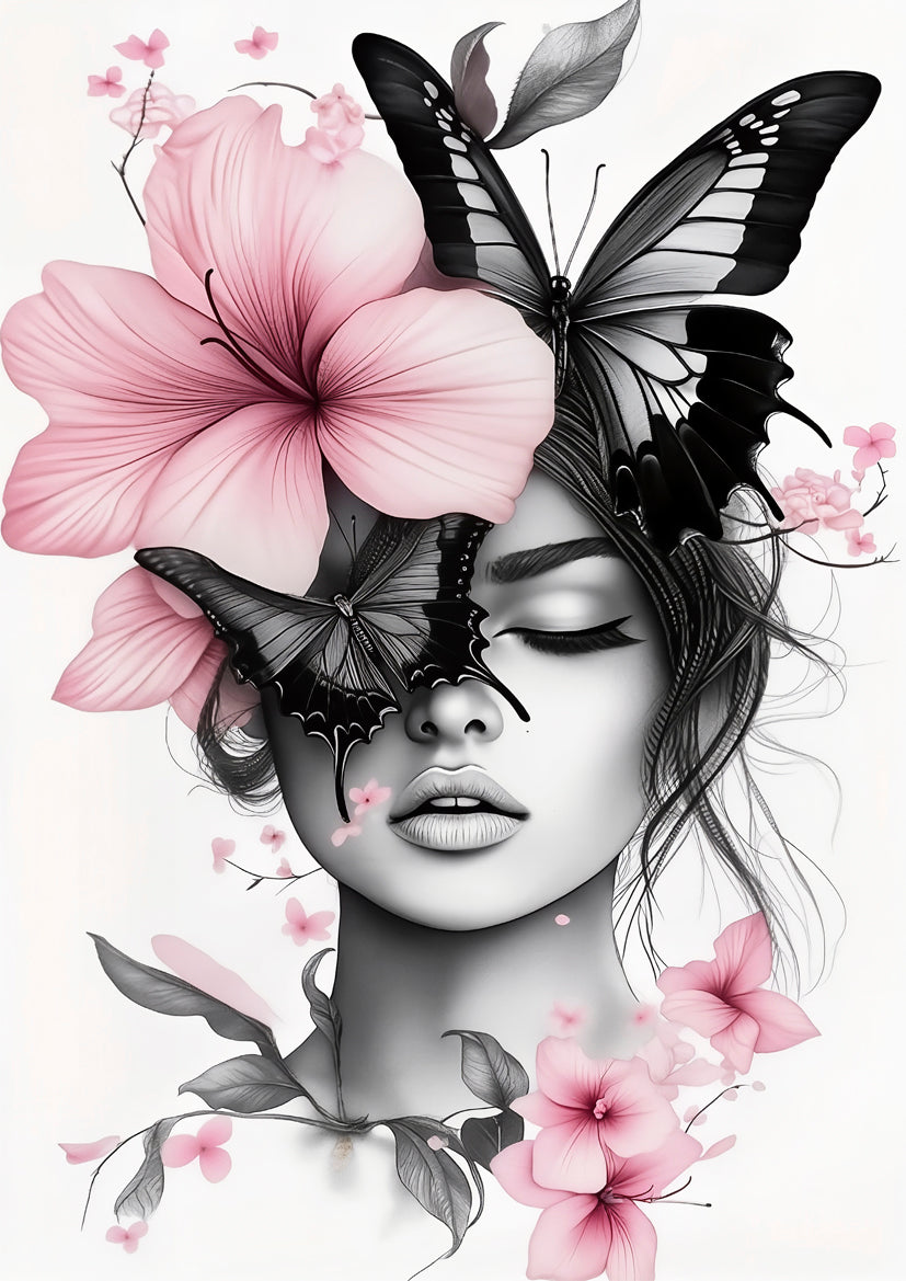 Elegant Woman with Butterfly & Pink Flowers Black and White Fashion Home Decor Premium Quality Poster Print Choose Your Sizes