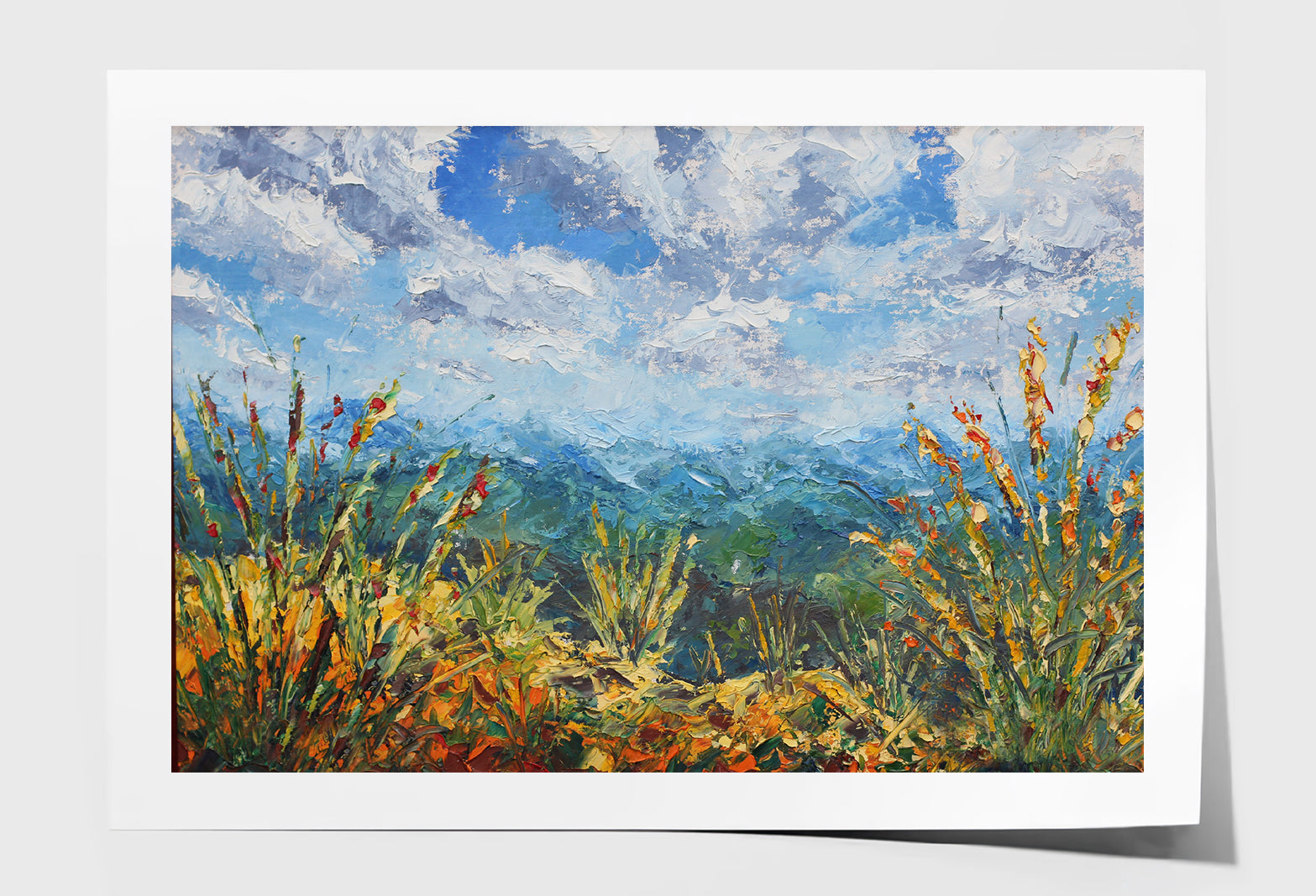 Plants on Mountain with Cloudy Sky Watercolor Painting Wall Art Limited Edition High Quality Print Unframed Roll Canvas None