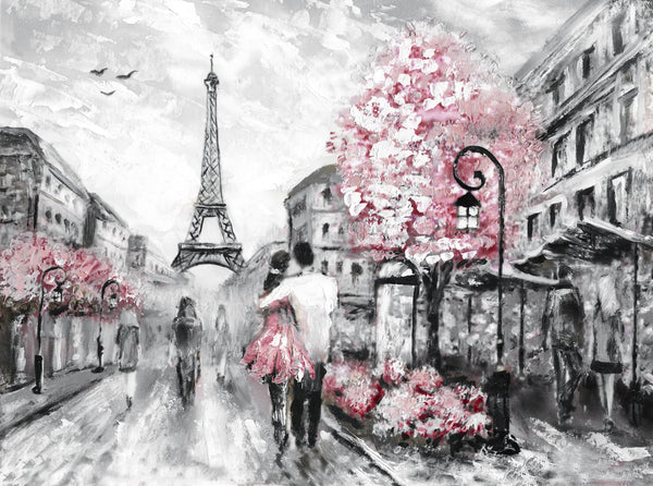 Romantic Paris Street Eiffel Tower & Flower Trees Painting 90x60cm Print 100% Australian Made