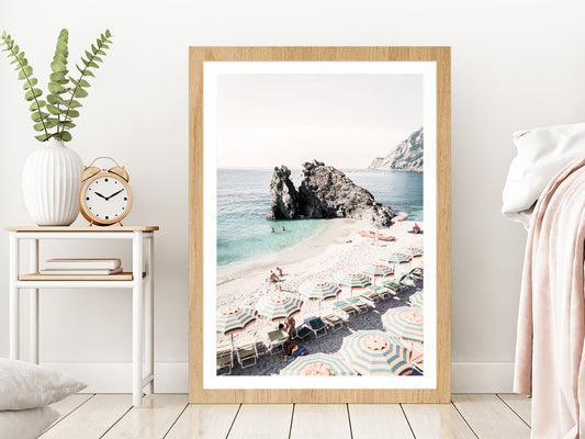 Beach Huts near Rocky Sea Faded Photograph Glass Framed Wall Art, Ready to Hang Quality Print With White Border White