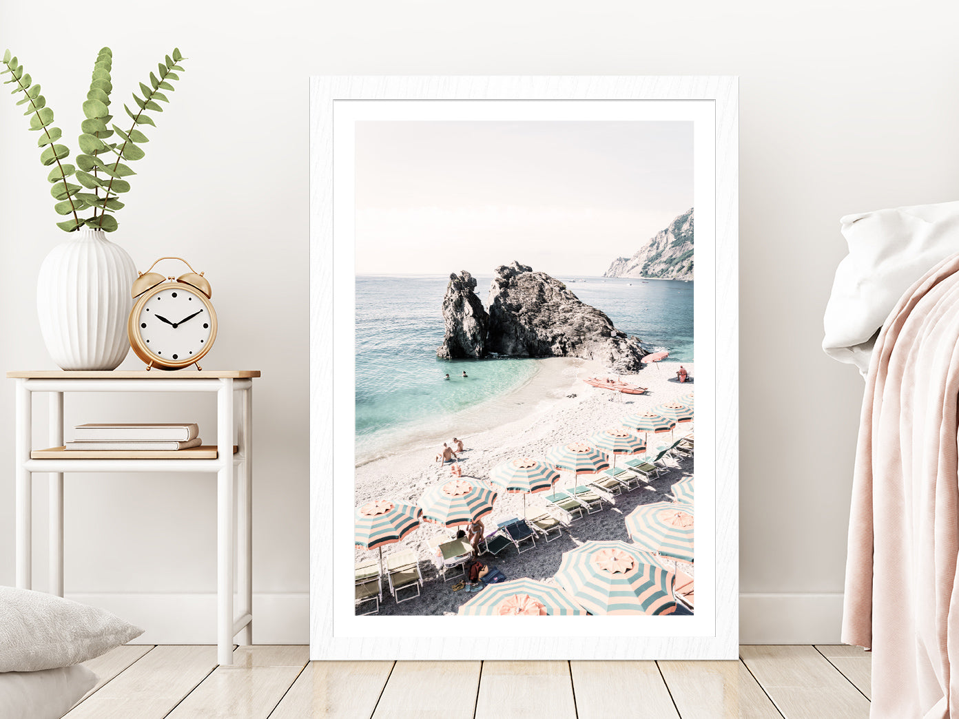 Beach Huts near Rocky Sea Faded Photograph Glass Framed Wall Art, Ready to Hang Quality Print With White Border Oak