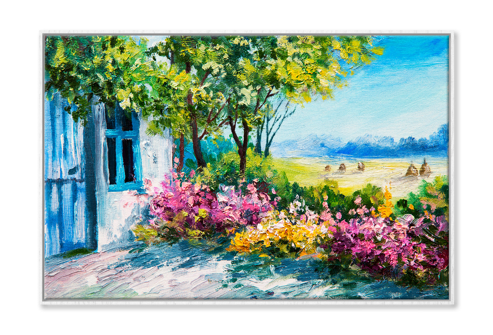 Garden Near The House & Colorful flowers Oil Painting Wall Art Limited Edition High Quality Print Canvas Box Framed White