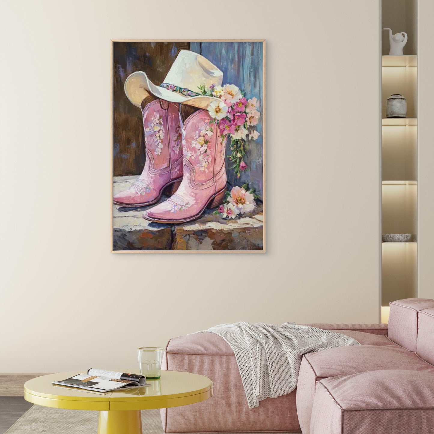 Pink Pastel Flowers Hat with Cowboy Boots Fashion Home Decor Premium Quality Poster Print Choose Your Sizes