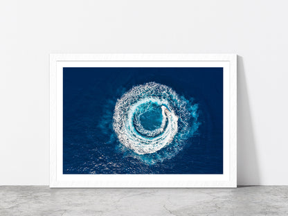 Motorboat Forms A Circle Of Waves Glass Framed Wall Art, Ready to Hang Quality Print With White Border White