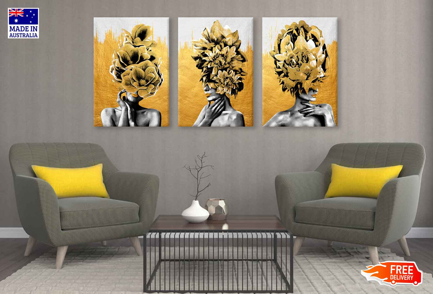 3 Set of Gold Girl Figure High Quality Print 100% Australian Made Wall Canvas Ready to Hang