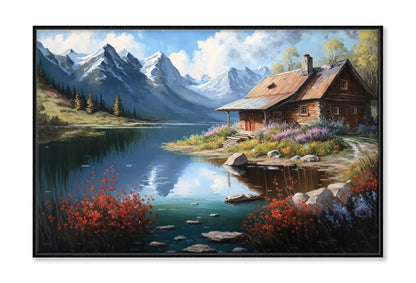 Old Cabin by Lake & Mountain Oil Painting Wall Art Limited Edition High Quality Print Canvas Box Framed Black