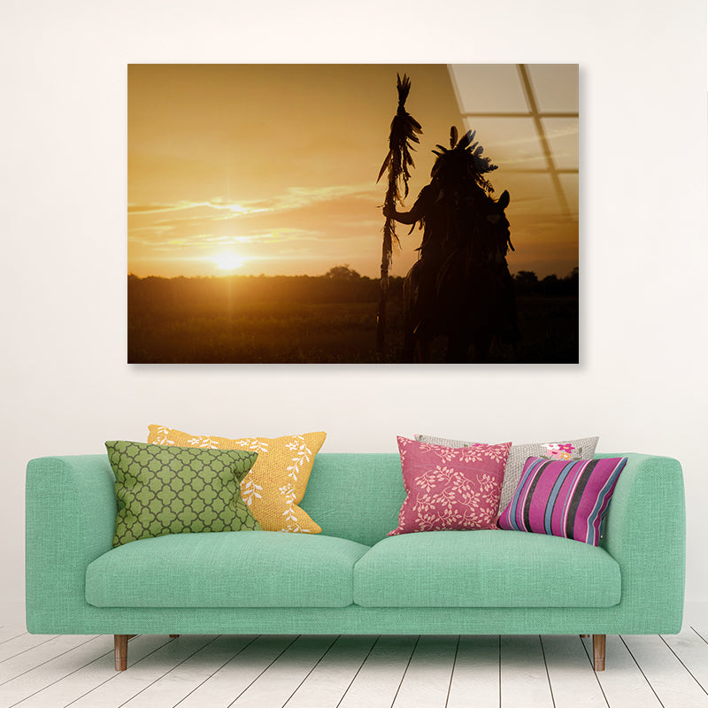 American Indian Tribe with Sunset Acrylic Glass Print Tempered Glass Wall Art 100% Made in Australia Ready to Hang