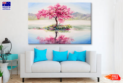 Pink Flower Tree in Lake Oil Painting Wall Art Limited Edition High Quality Print