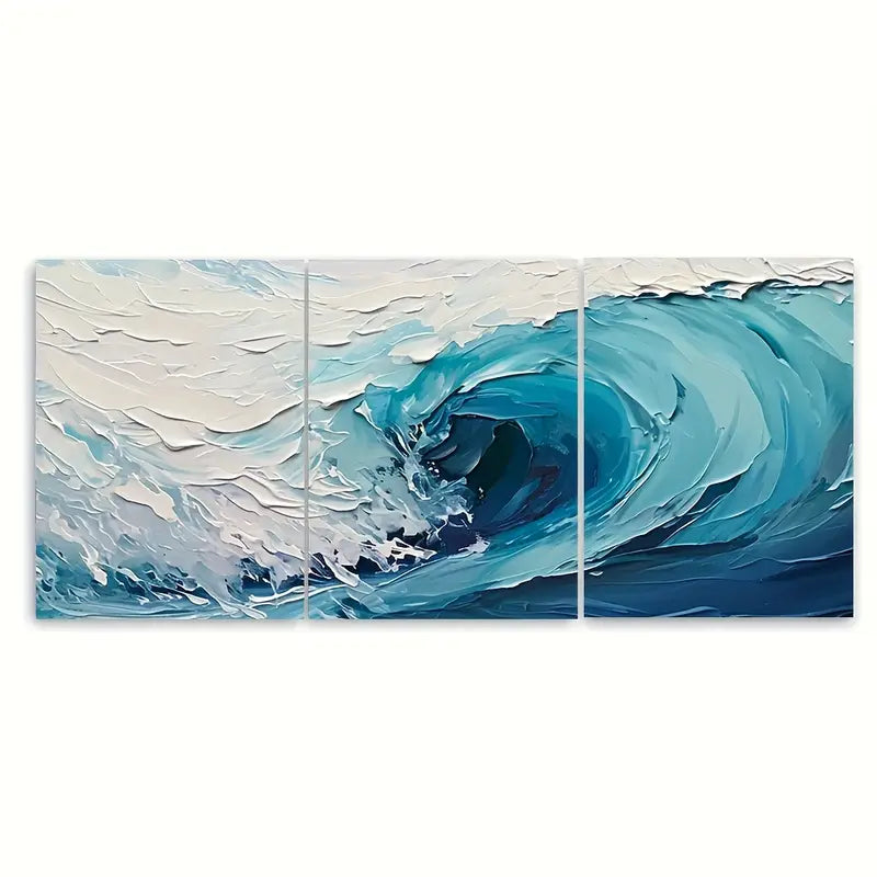 3pcs Blue Wave Ocean Teal and White Metal Print Ready to Hang Art