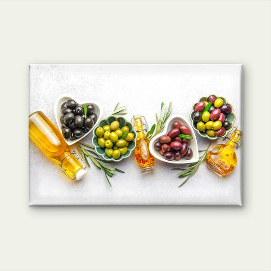 Culinary Display Mediterranean Ingredients Fresh Olives and Oil Wall Art Decor 100% Australian Made