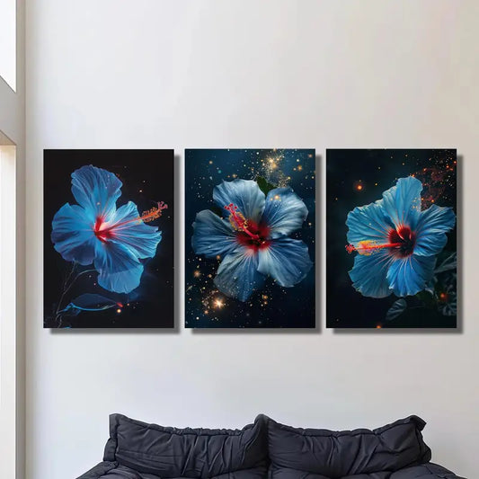 3pcs Blue Hibiscus Flower Botanical Night Metal Print Ready to Hang Art