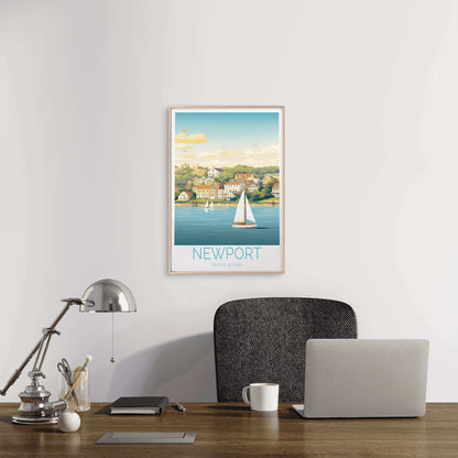 New Port Rhode Island, Beach and Houses Travel Poster Print Wall Art