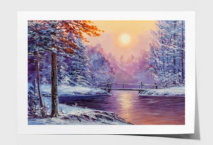 Winter Season River & Bridge Painting Limited Edition High Quality Print Unframed Roll Canvas None