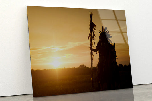 American Indian Tribe with Sunset Acrylic Glass Print Tempered Glass Wall Art 100% Made in Australia Ready to Hang