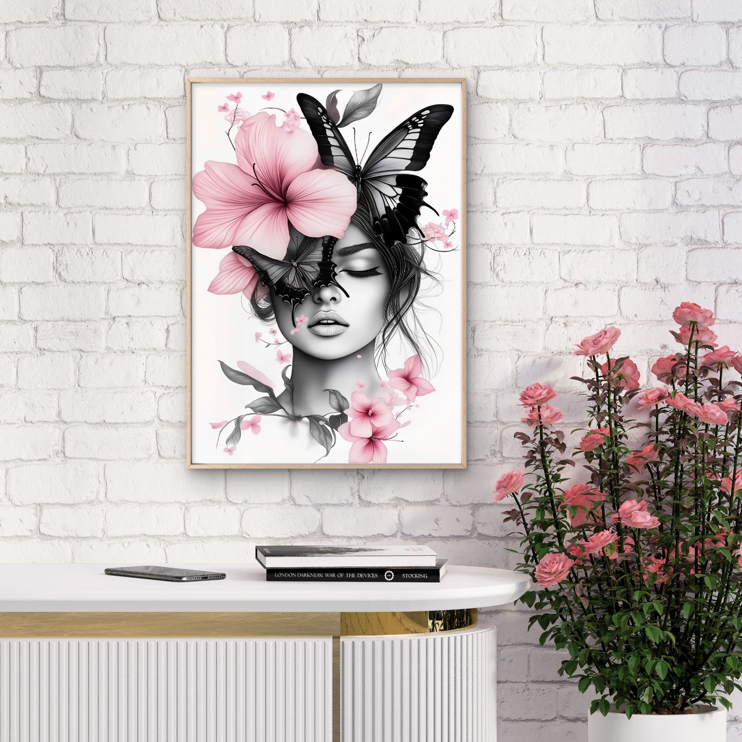 Elegant Woman with Butterfly & Pink Flowers Black and White Fashion Home Decor Premium Quality Poster Print Choose Your Sizes