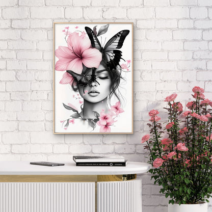 Elegant Woman with Butterfly & Pink Flowers Black and White Fashion Home Decor Premium Quality Poster Print Choose Your Sizes