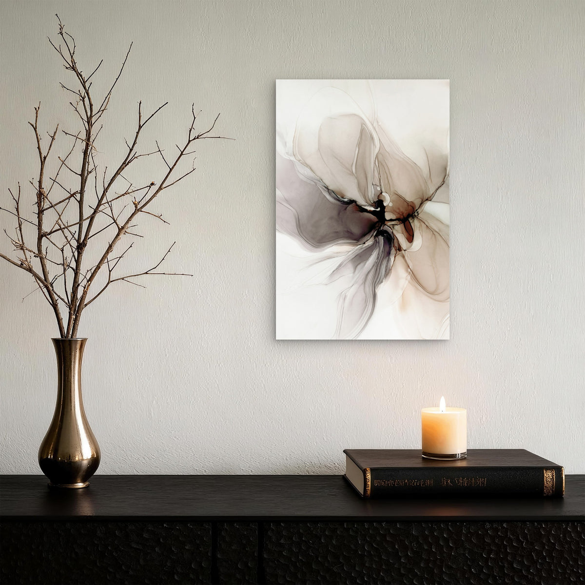 Neutral Brown Beige Fluid Ink Flower Swirl 60x90cm Metal Print Ready to Hang