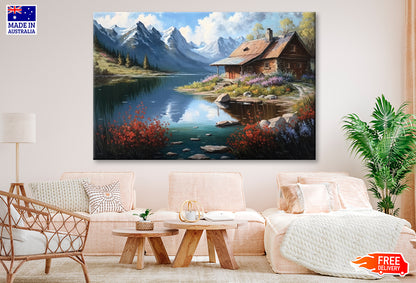 Old Cabin by Lake & Mountain Oil Painting Wall Art Limited Edition High Quality Print