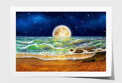 Sea Waves & Night Moon Sky Oil Painting Wall Art Limited Edition High Quality Print Unframed Roll Canvas None