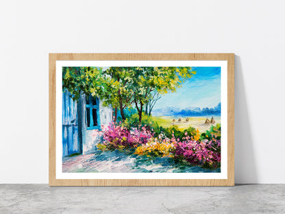 Garden Near The House & Colorful flowers Glass Framed Wall Art, Ready to Hang Quality Print With White Border Oak