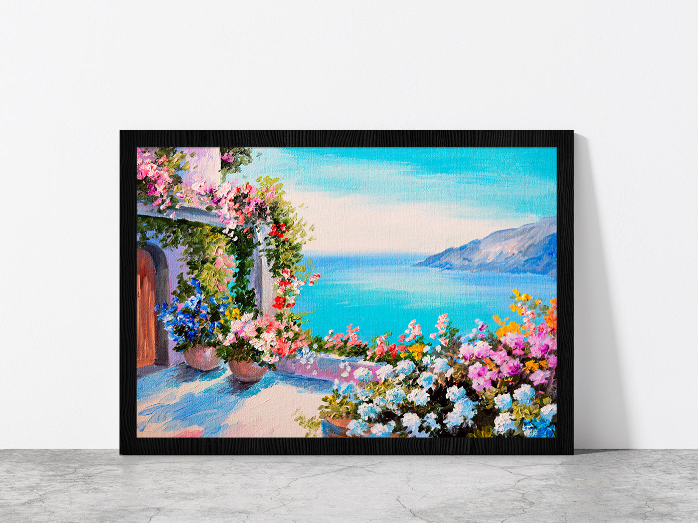 House Near The Sea Oil Painting Glass Framed Wall Art, Ready to Hang Quality Print Without White Border Black