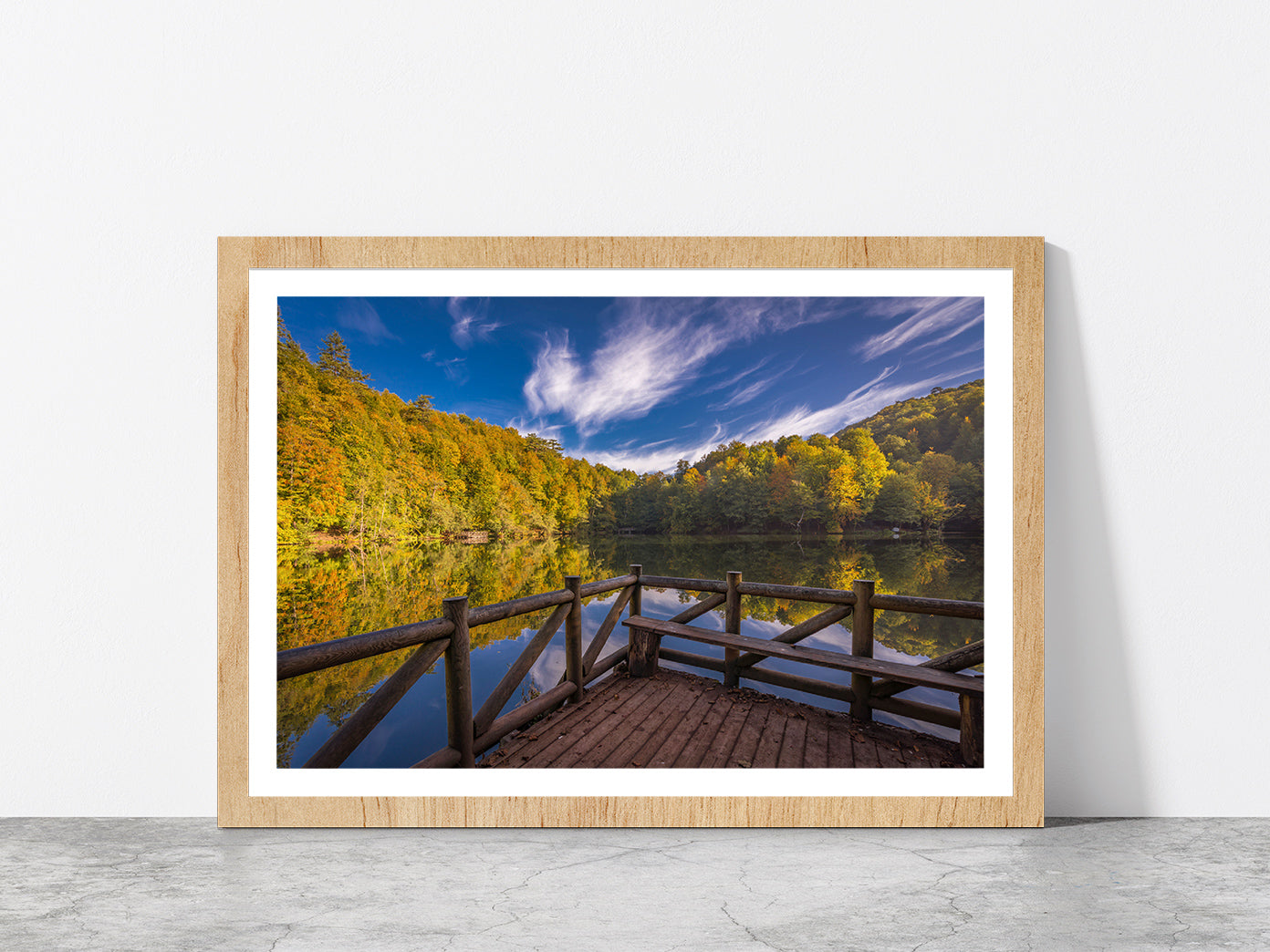 Reflection Of Clouds On The Lake Glass Framed Wall Art, Ready to Hang Quality Print With White Border Oak