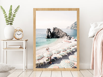 Beach Huts near Rocky Sea Faded Photograph Glass Framed Wall Art, Ready to Hang Quality Print Without White Border Oak